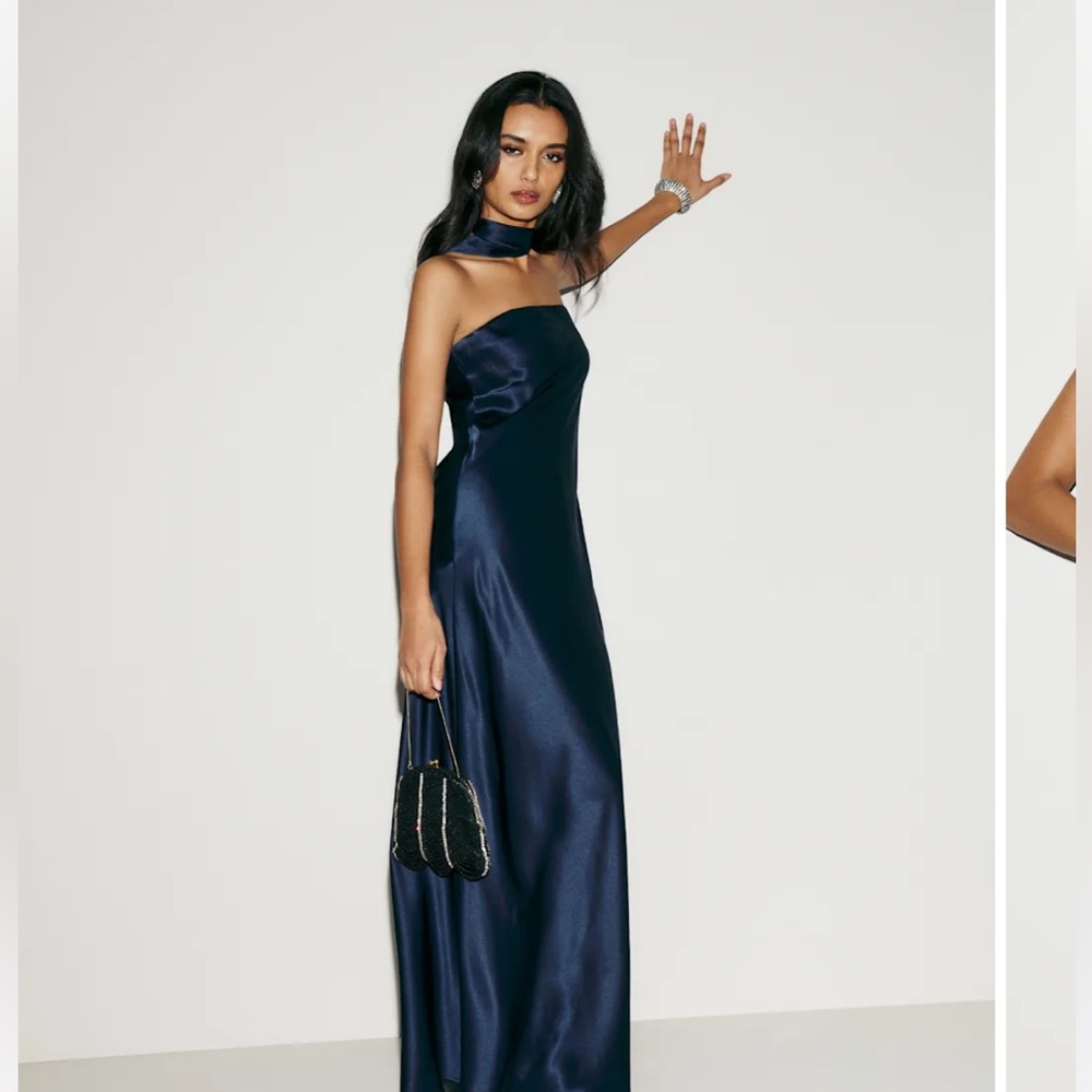 Reformation Oren Navy Silk Strapless Petite Maxi Dress